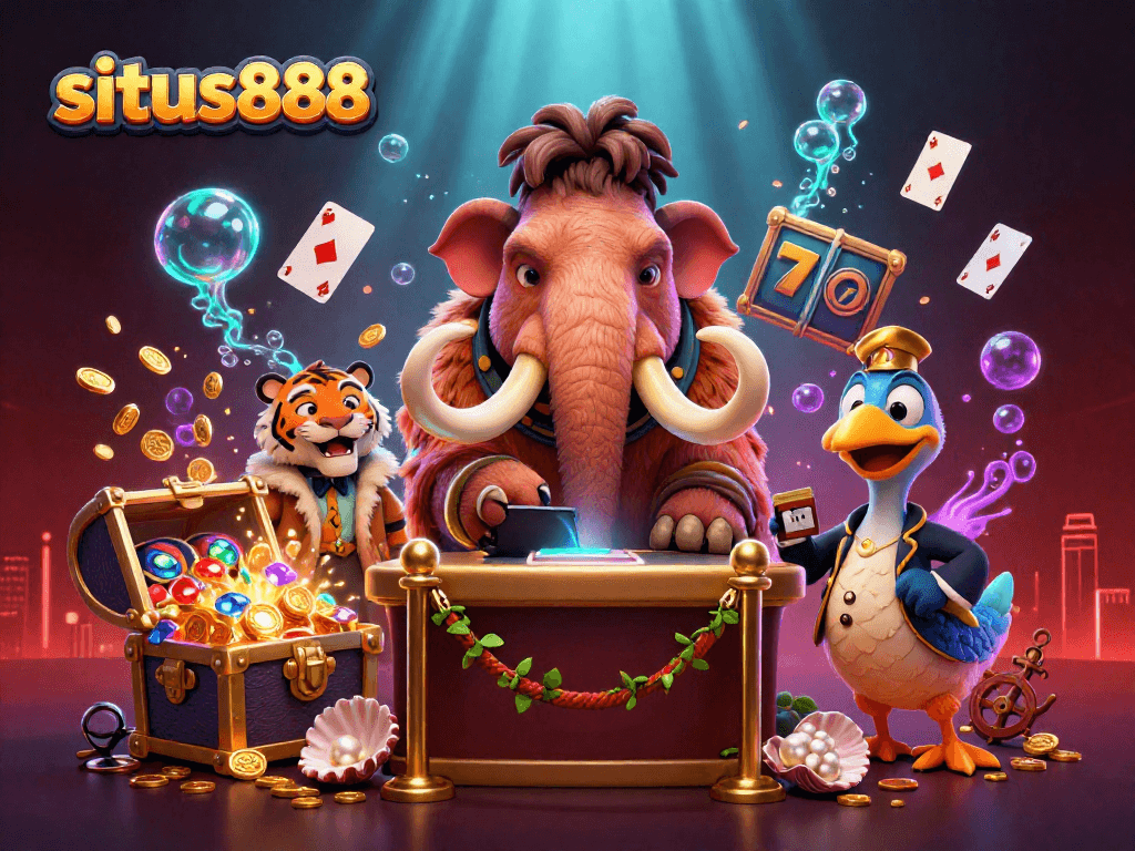 Engage with situs888's vibrant casino scene featuring a woolly mammoth bouncer, a saber-tooth tiger guest, and dynamic game elements.