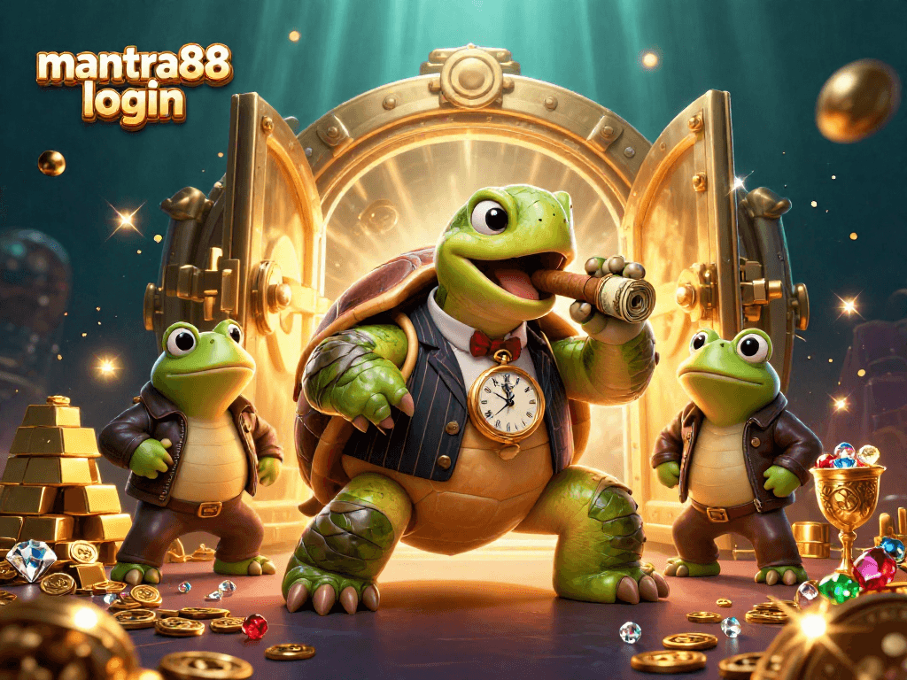 Experience the excitement of mantra88 login with a vibrant 3D casino scene full of treasures.