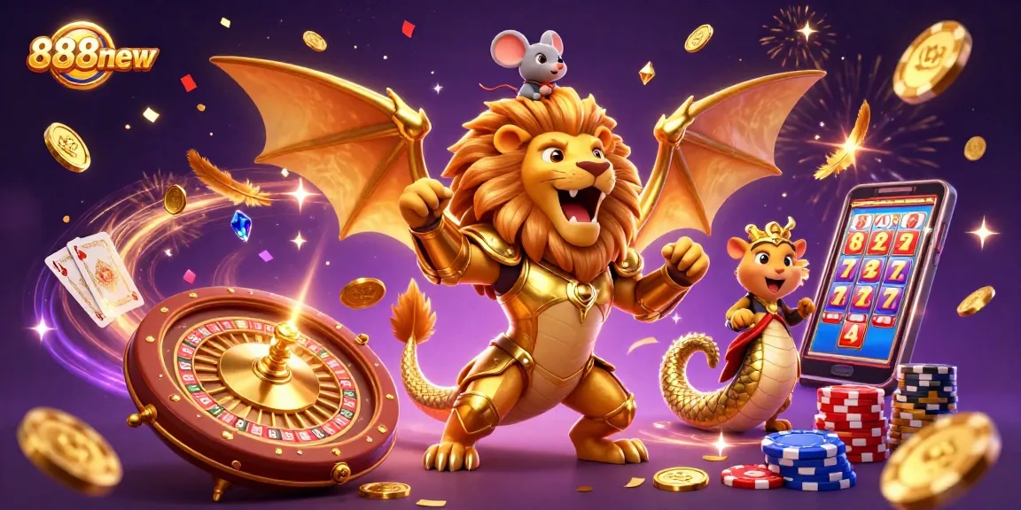 Experience thrill and excitement with 888new's 3D illustration showcasing casino games and winning moments.