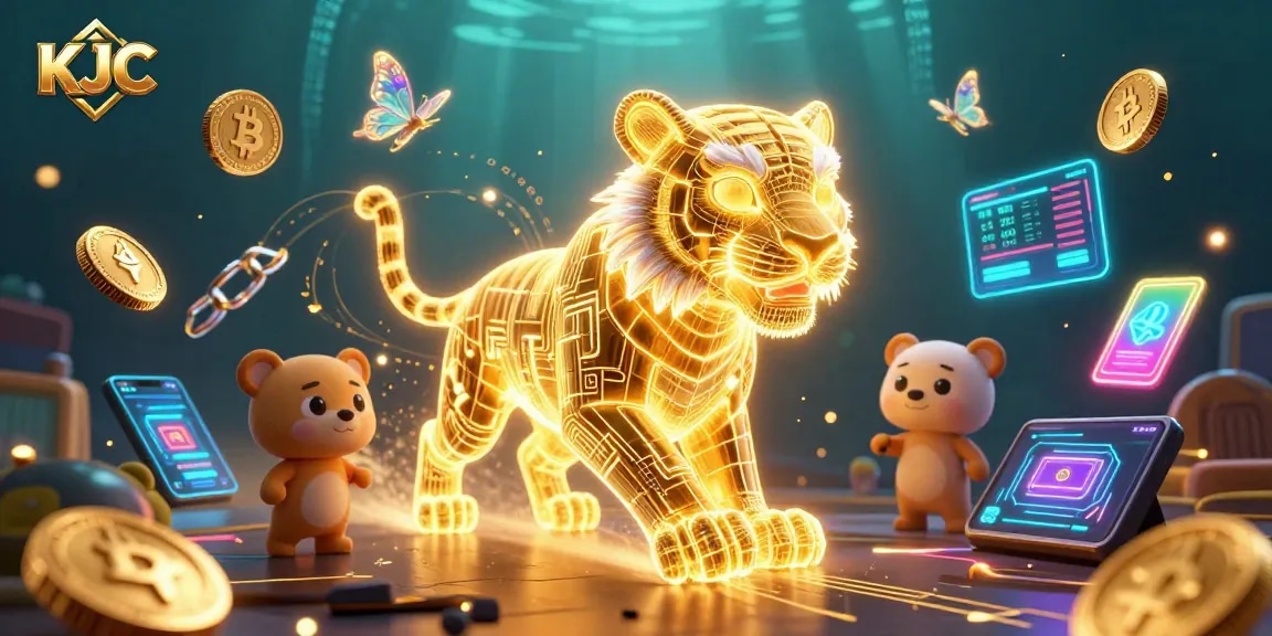 Experience KJC's vibrant digital casino landscape with a golden tiger and crypto elements.