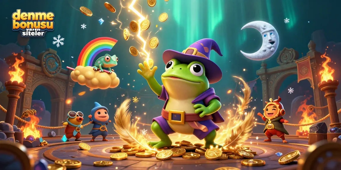 Experience the excitement with deneme bonusu veren siteler as a wizard frog conjures coins amidst a vibrant casino scene.