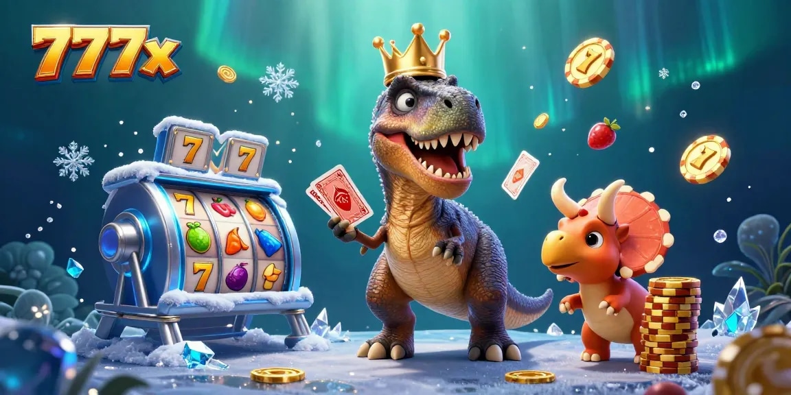 Play with 777x as a T-Rex and friends enjoy slots, golden chips, and vibrant casino elements.