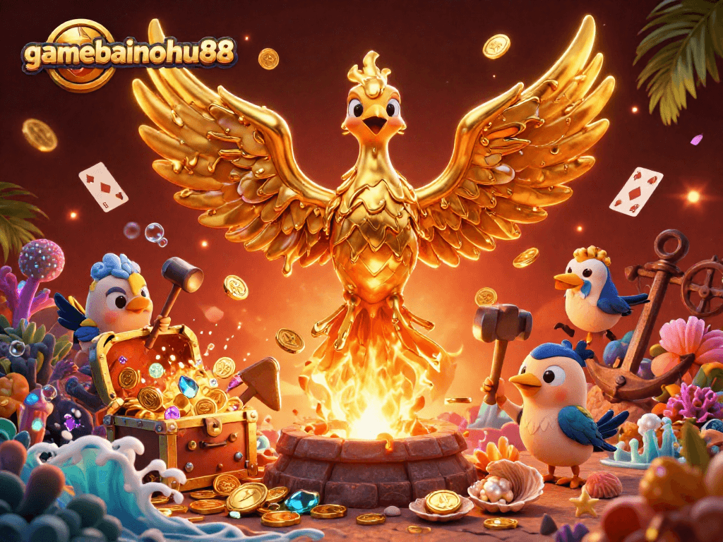 Experience the excitement of gamebainohu88 with a golden phoenix and vibrant casino elements.