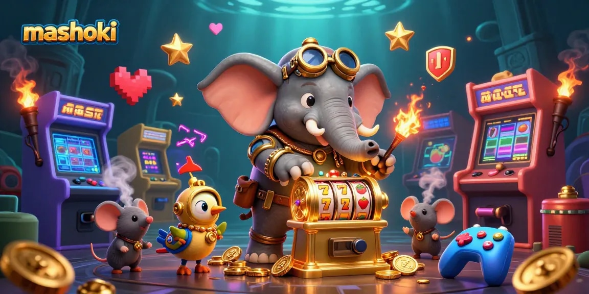Experience the excitement of mashoki slots with a steampunk elephant engineer at a vibrant casino.
