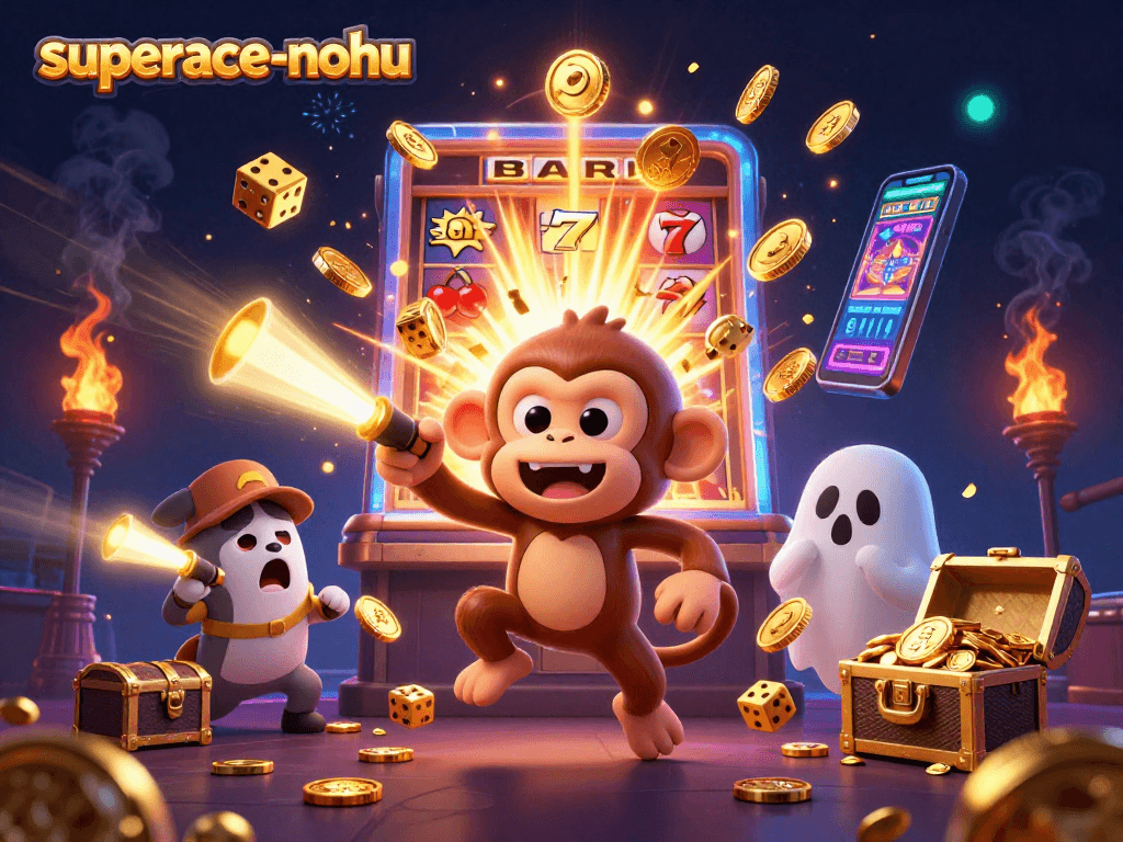 Engage with superace-nohu's thrilling slot experience featuring a playful ghost-hunter puppy and mischievous monkey.