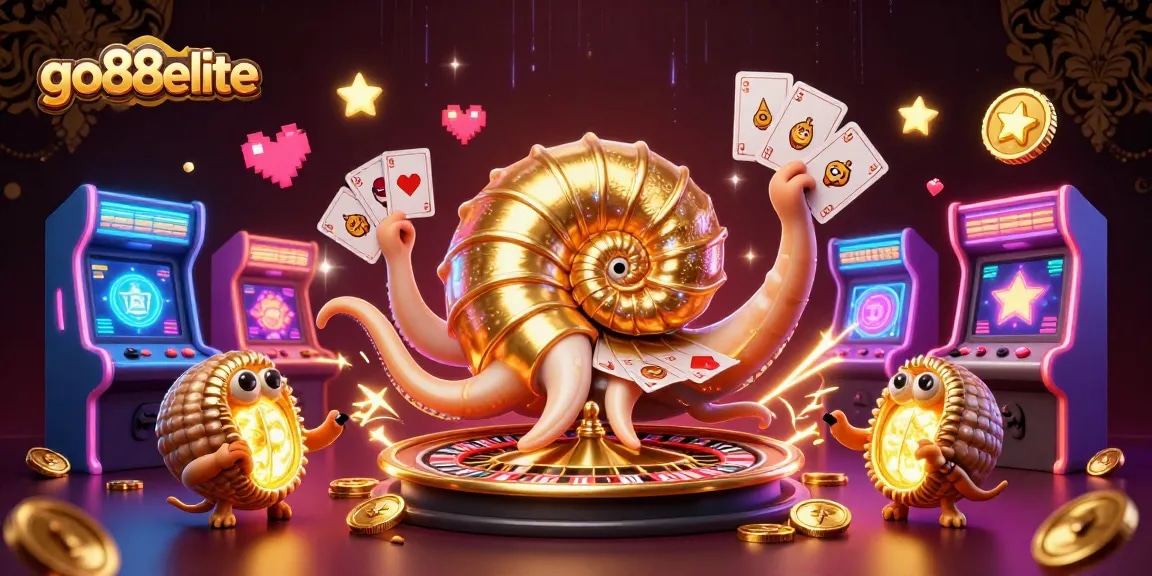 Capture the excitement of go88elite with a giant nautilus as a roulette wheel and vibrant arcade elements.