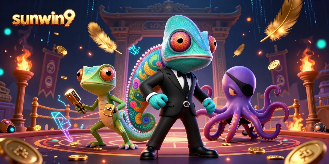 Engage with sunwin9's dynamic casino world featuring a secret agent chameleon and golden elements.