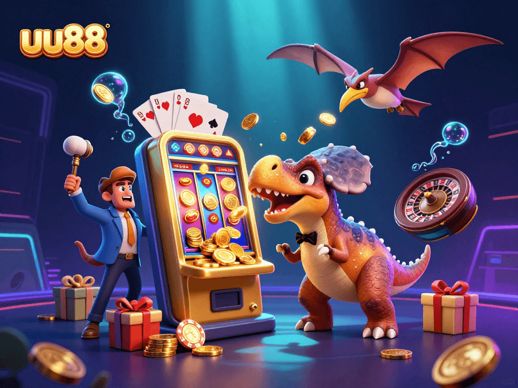 uu88 jackpot scene with cartoon dinosaurs and golden slot machine payouts in a vibrant casino