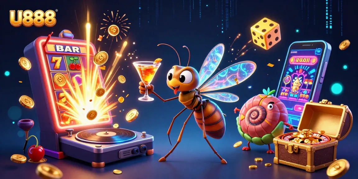 Experience thrilling gameplay at U888 with our lively casino mascot, vibrant slot machines, and a dazzling roulette wheel.