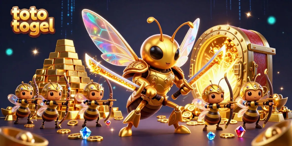 Engage with thrilling toto togel gameplay illustrated by a golden hornet in an adventurous scene.
