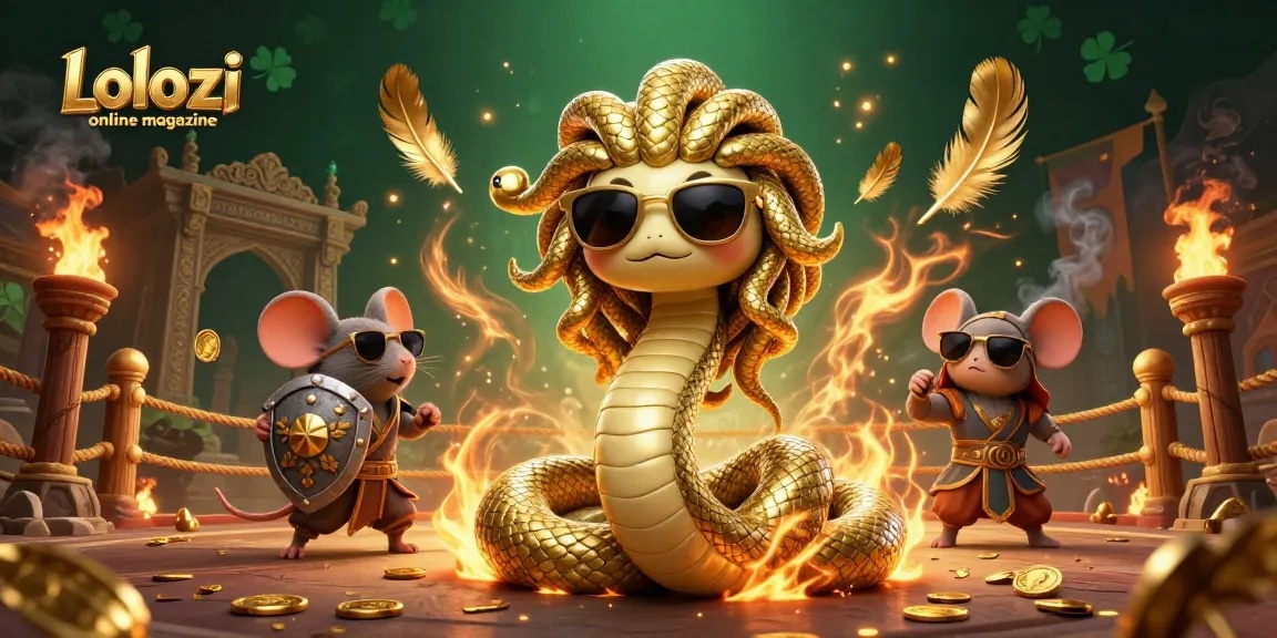 Lolozi online magazine presents a vibrant 3D illustration of Medusa and a warrior mouse in a gambling arena.