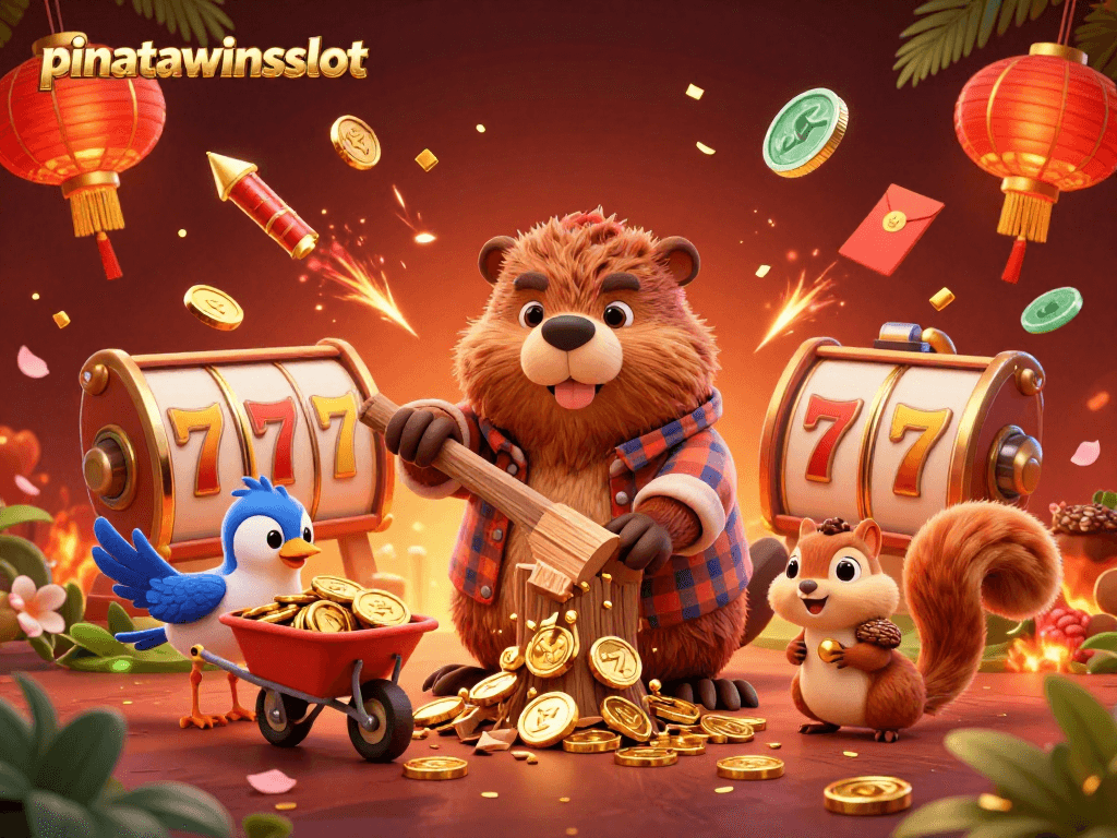 Play and win with pinatawinsslot, featuring golden coins raining down and slot game excitement.