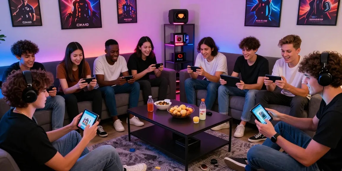 Enthusiastic players enjoying CIKA4D mobile games in a vibrant living room