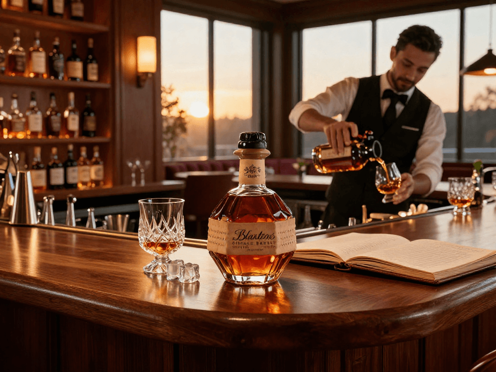 Blanton's Single Barrel Bourbon bottle on a wooden bar counter, surrounded by whiskey glasses and inviting ambiance, showcasing premium bourbon tasting experience.