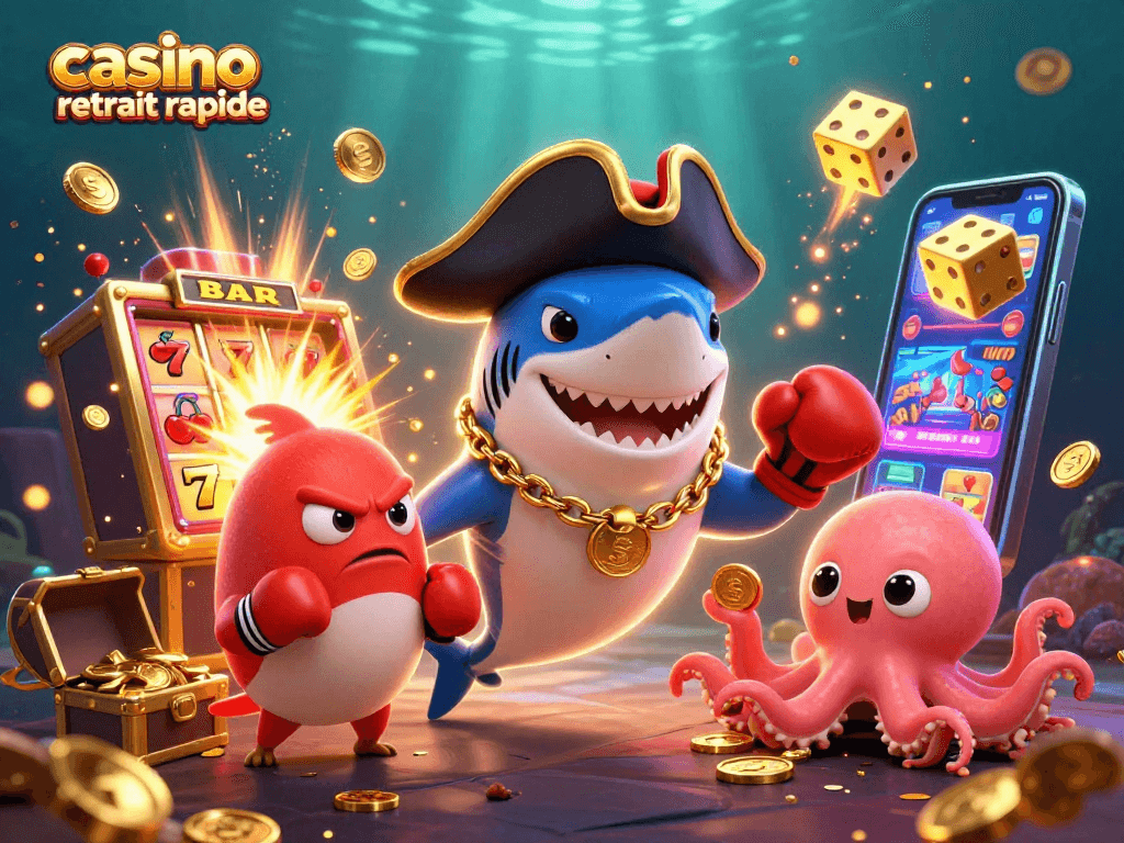 Jouer sur casino retrait rapide avec un requin pirate et un poulpe, au milieu de machines à sous et d'or.