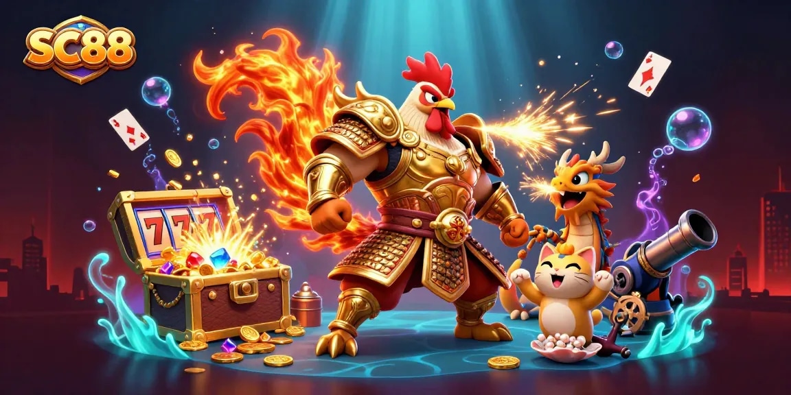 SC88 players engage in thrilling jackpot action with a mythical warrior and dragon scene.