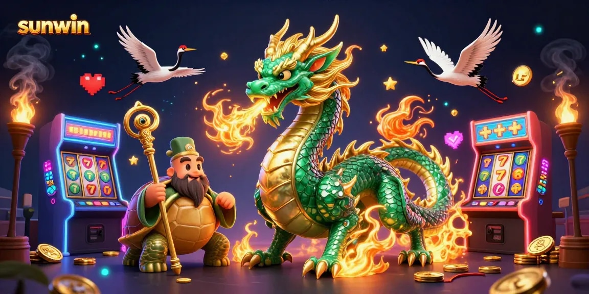 Engage with sunwin's vibrant 3D casino art featuring a jade dragon and game elements.