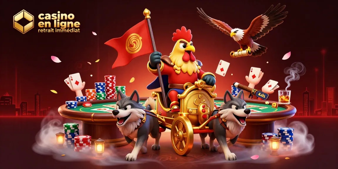 Casino en ligne retrait immédiat avec un roi combattant, des jetons de poker, et une ambiance immersive.
