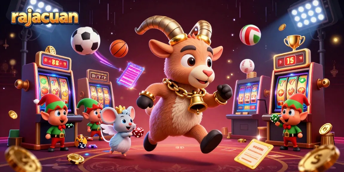 Experience rajacuan's thrilling slot action with 3D cartoon characters amidst vibrant casino elements.