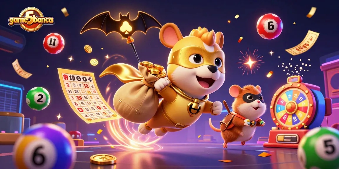 Engage in thrilling gambling action with game5banca, where colorful lottery balls and a superhero dog lead the adventure.
