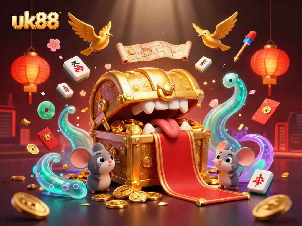 Engage with the vibrant uk88 gaming scene showcasing a treasure chest attracting adventurer mice amid glowing decorations.
