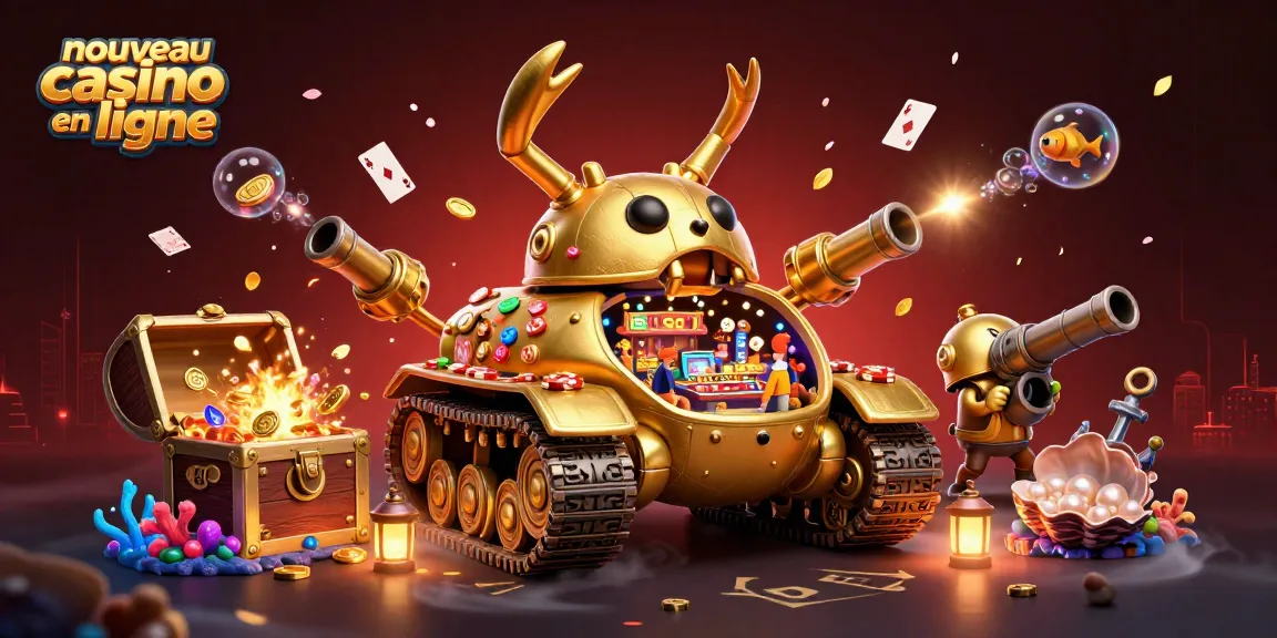 Image illustrant un nouveau casino en ligne à l'intérieur d'un tank doré, avec des éléments de jeu variés.
