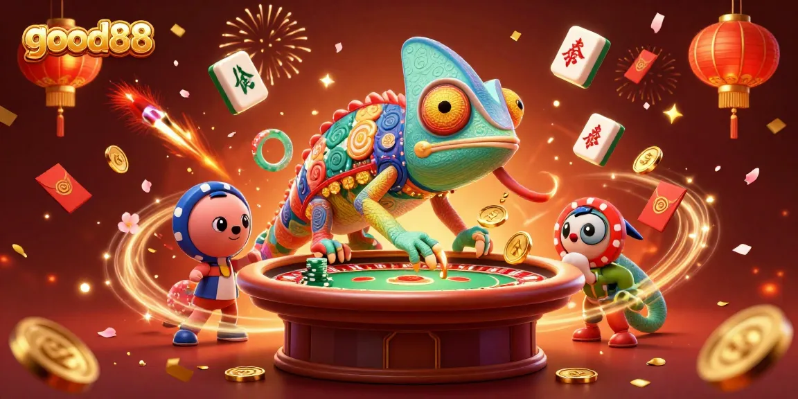 Experience engaging gameplay at good88, with vibrant scenes of a chameleon casino owner amidst festive celebrations.