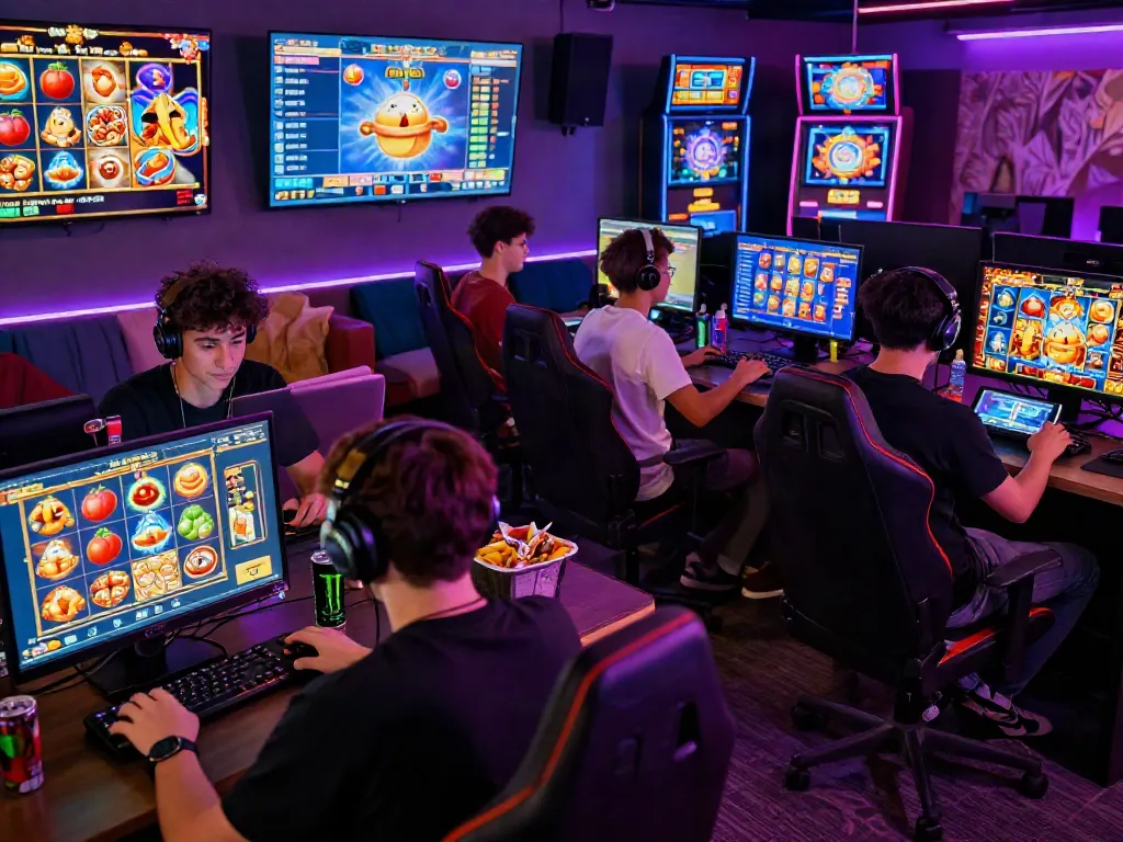 Excited players engaging in slot games with vibrant graphics in a lively gaming lounge.