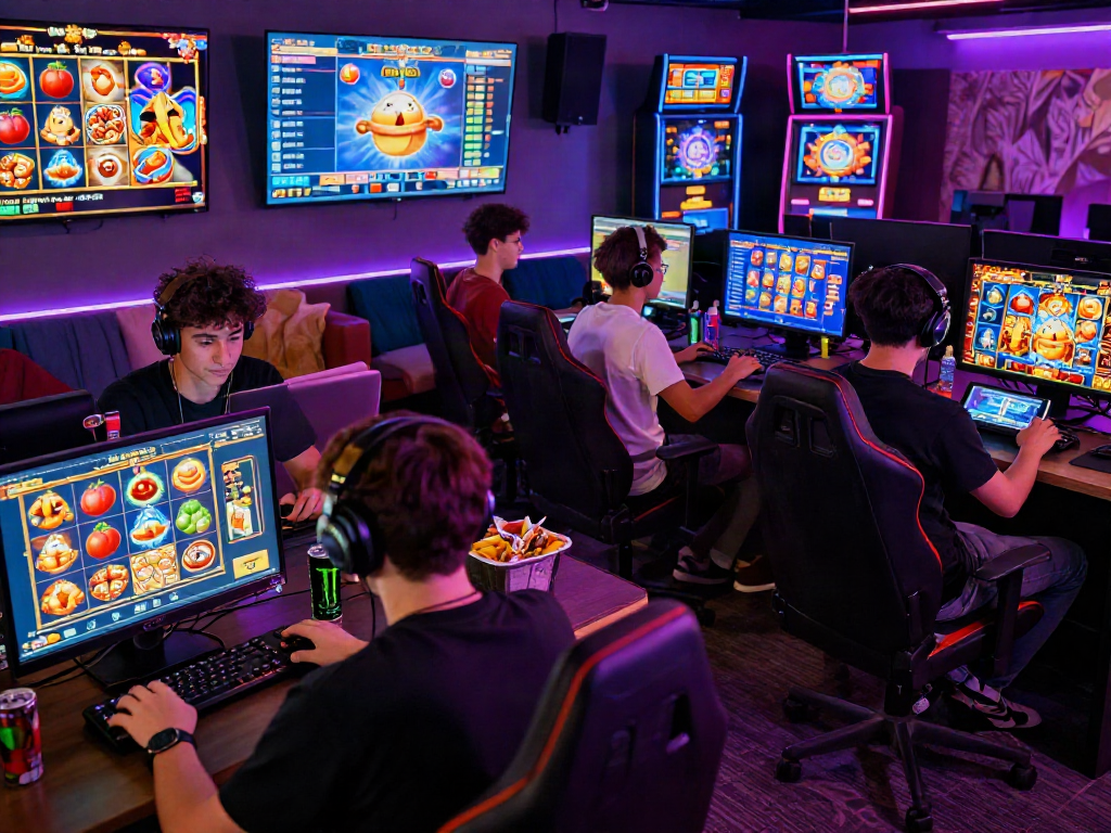 Excited players engaging in slot games with vibrant graphics in a lively gaming lounge.