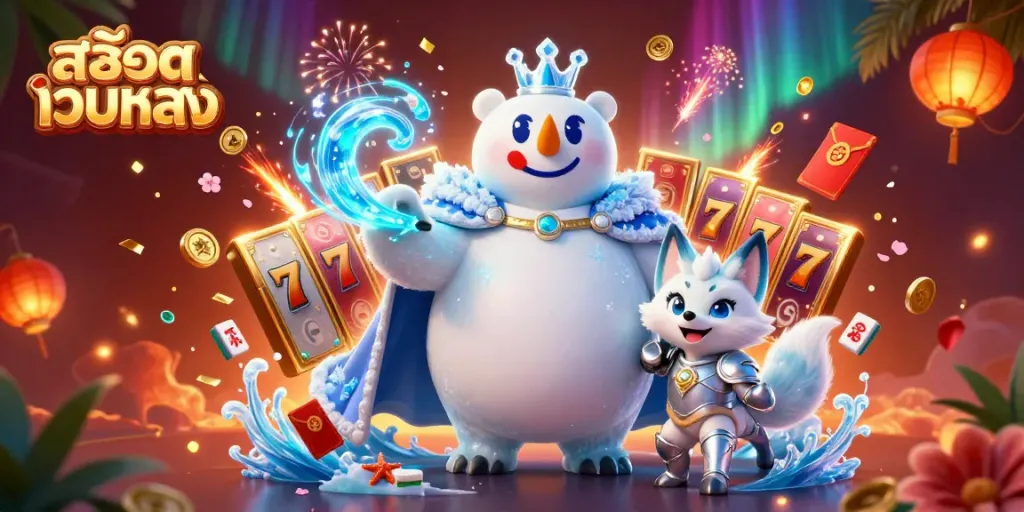 ภาพวาด 3D ของ สล็อตเว็บตรง ที่มีหมีขั้วโลกและกระรอกหิมะในบรรยากาศคาสิโน