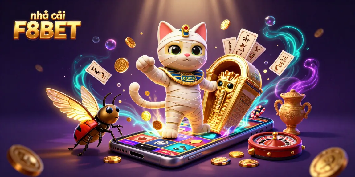 Engage with nhà cái F8BET as the cartoon mummy cat bursts out of a casino sarcophagus.
