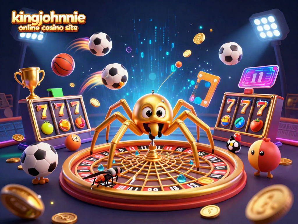 Engaging scene depicting a golden spider and a centipede croupier at the kingjohnnie online casino site, showcasing roulette and slots.