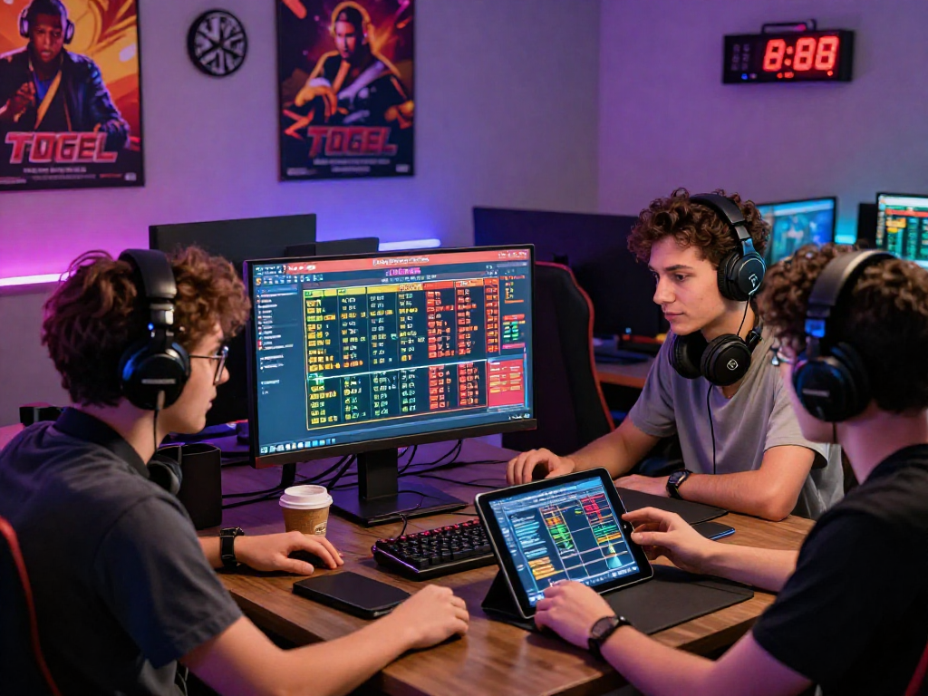Engaging players analyzing togel statistics on a computer, showcasing Dewatogel's interactive online gaming experience.
