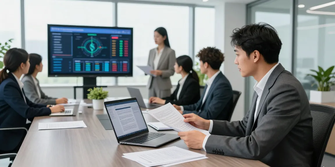 Business professional using document fraud detection software in a modern office setup.