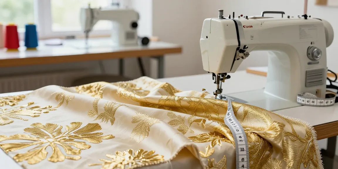 Close-up of bro193 silk brocade fabric showcasing its golden cream and metallic gold textures with sewing supplies in a workshop.
