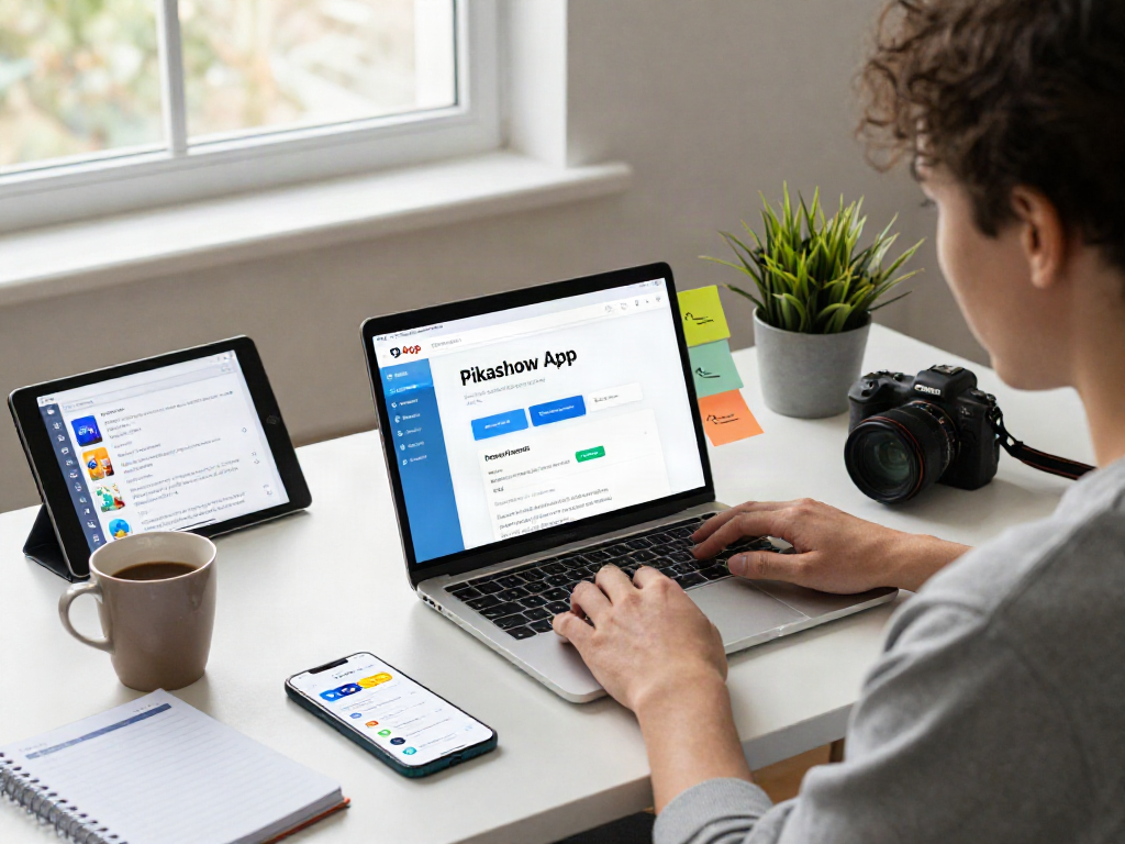 Download Pikashow Apk with a user engaged in a modern workspace, featuring tech gadgets and vibrant decor.