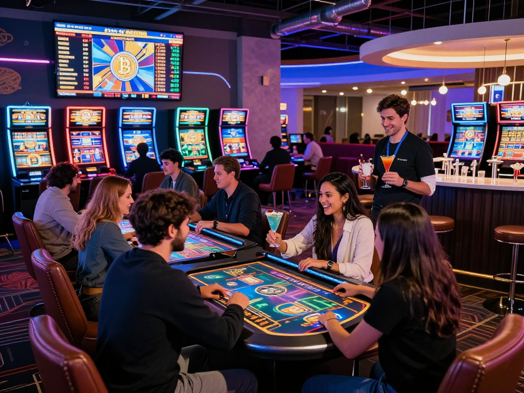 Exciting crypto casino scene featuring diverse gamers at modern tables and machines.
