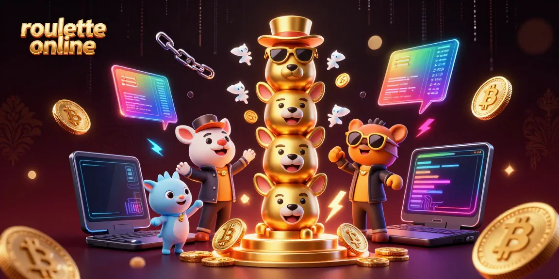 Engage in roullete online with colorful casino characters, crypto elements, and a vibrant atmosphere.