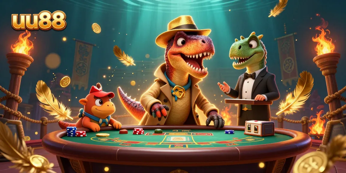 Play at uu88 with a velociraptor card counter and intriguing casino scene full of vibrant elements.