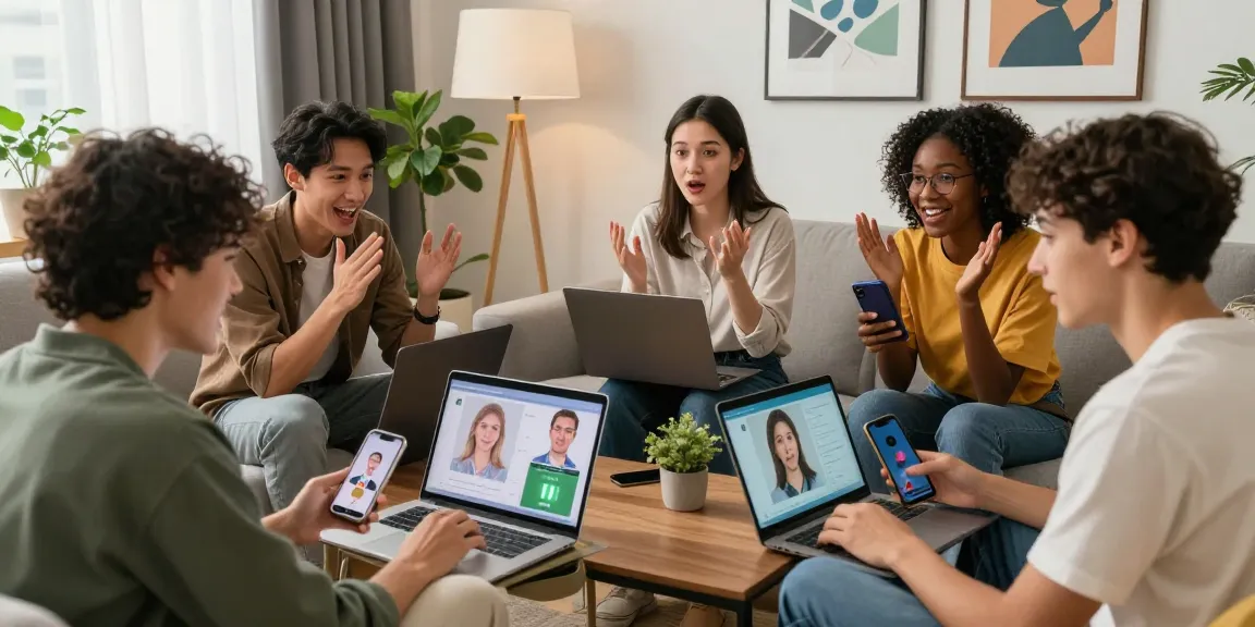 Group of friends testing attractiveness scores online in a modern setting.