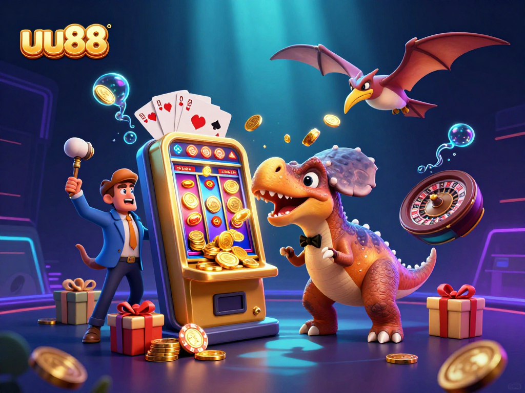 uu88 jackpot scene with cartoon dinosaurs and golden slot machine payouts in a vibrant casino