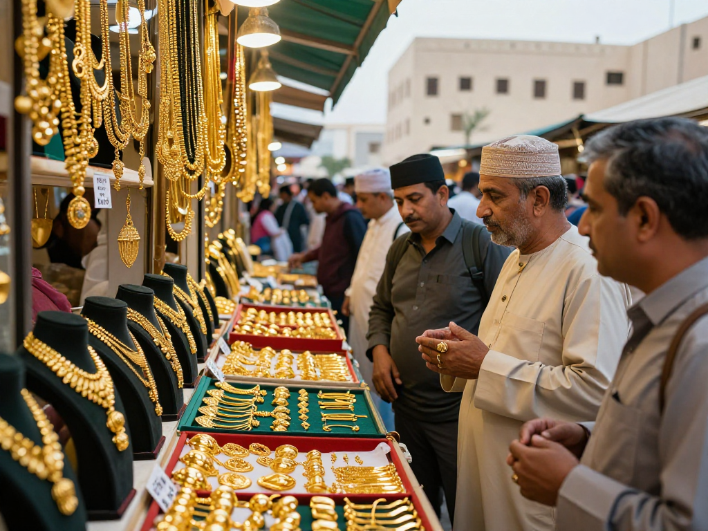 Engaging market scene in Bahrain with gold jewelry displays and customers discussing mantra88 rates.