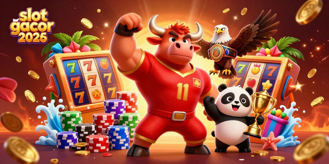 Mengguncang slot gacor 2026, karakter menarik seperti banteng berotot dan panda ceria di kasino.