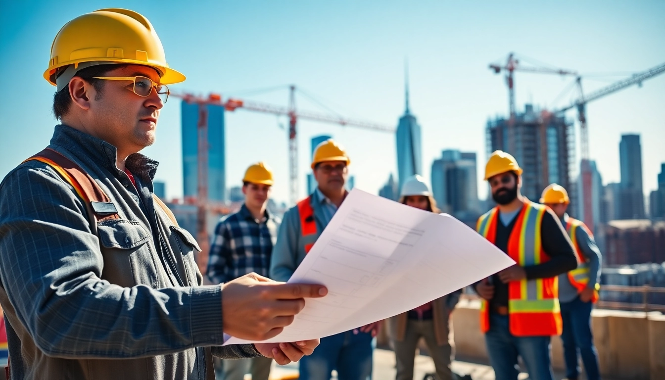 Manhattan General Contractor supervising a bustling construction site with a modern skyline.