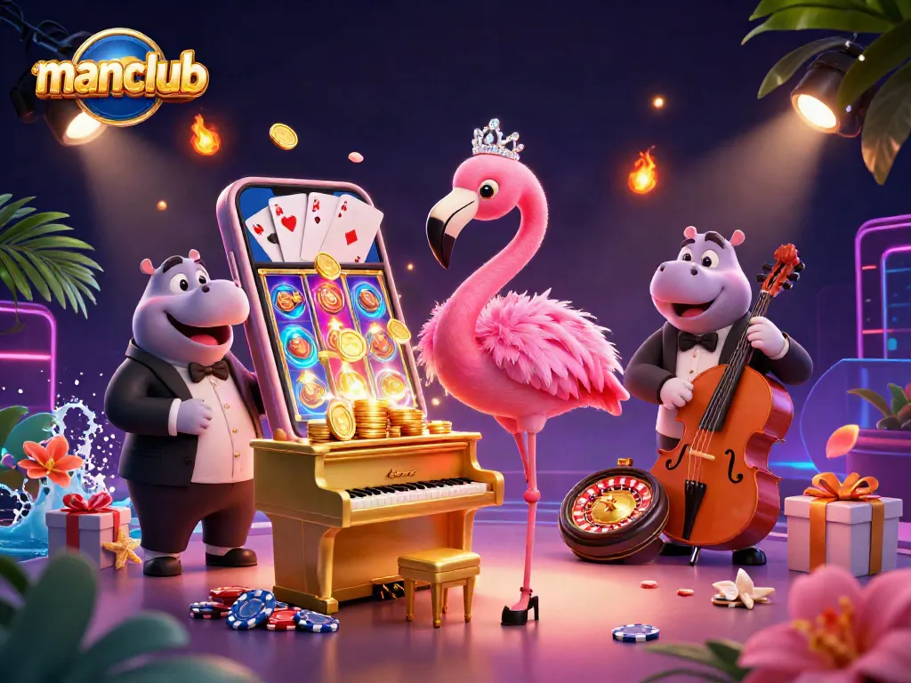 manclub invites players to win with vibrant casino-themed 3D illustration featuring flamingo singer and hippo bassist.