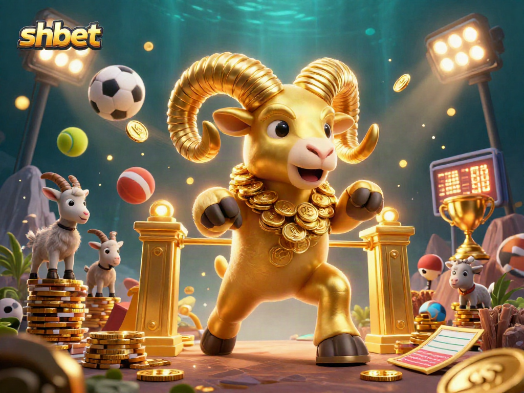 Engage with shbet in a lively 3D casino scene showcasing golden ram and sports elements.