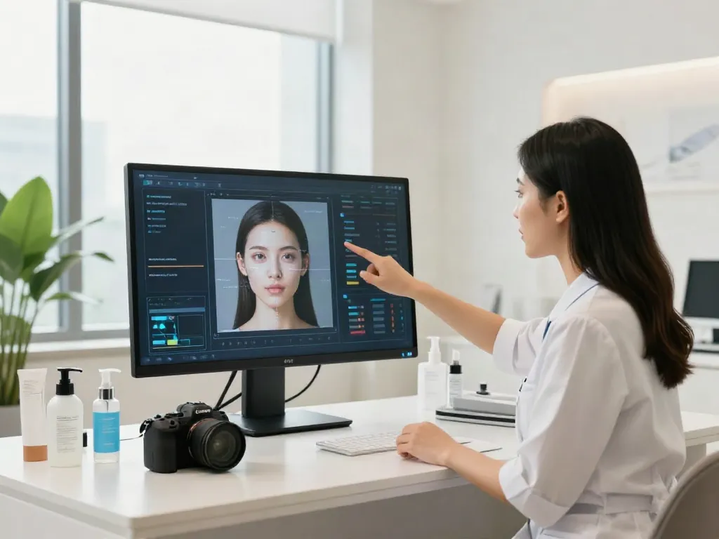 Alternatives to QOVES beauty analysis consultation with a specialist in a modern setting.