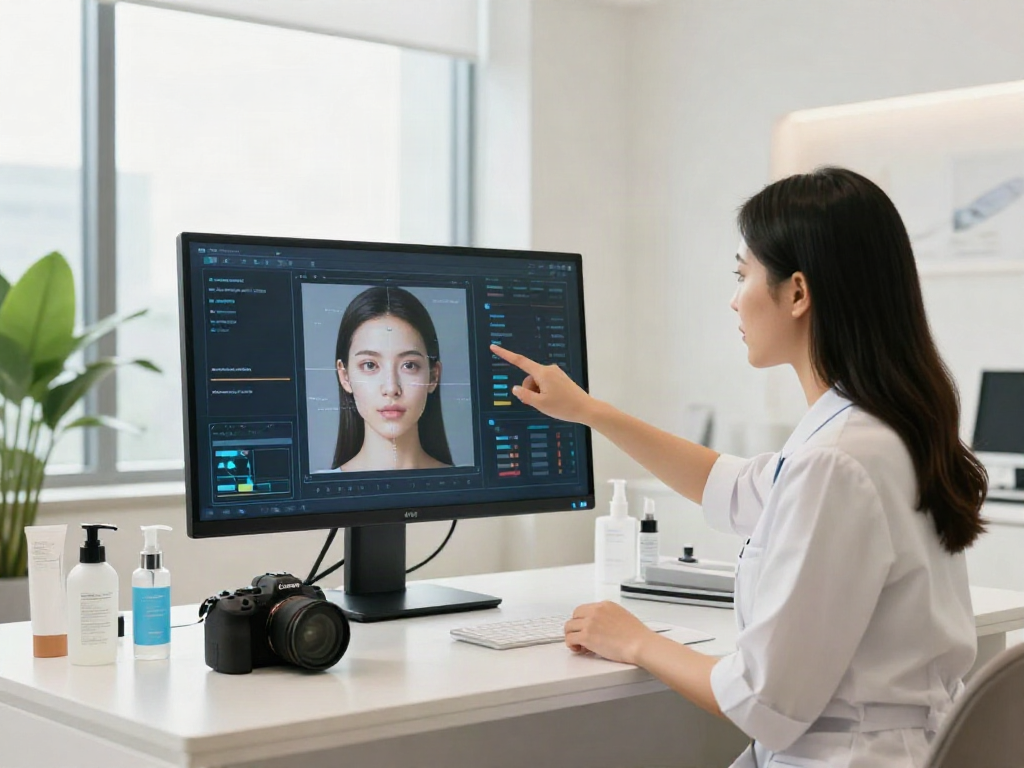 Alternatives to QOVES beauty analysis consultation with a specialist in a modern setting.