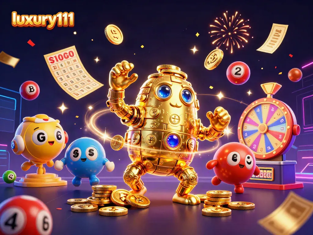 Experience luxury111's thrilling gameplay with a dynamic casino-themed illustration featuring vibrant lottery elements.