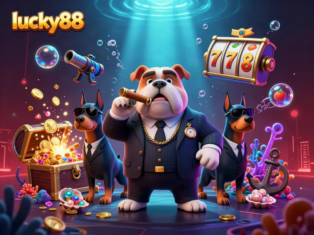 Experience exhilarating wins with lucky88 in this vibrant casino-themed 3D scene featuring charming characters and game elements.
